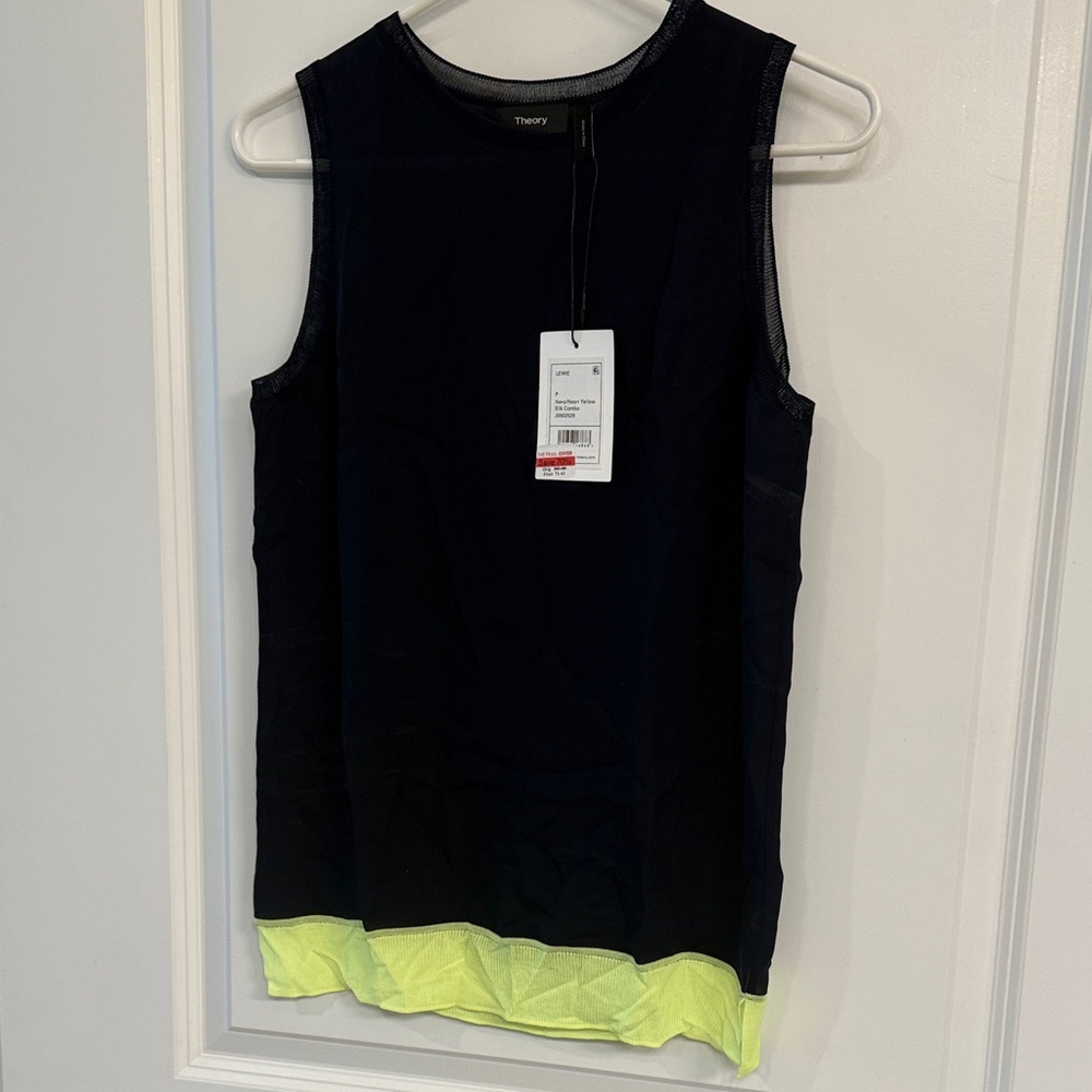 Theory Women's Silk Navy and Neon Yellow Tank Top